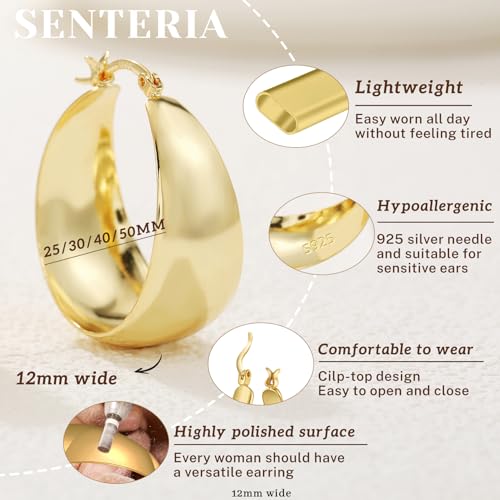 Senteria 12mm Wide Thick Sterling Silver Hoop Earrings Hypoallergenic | 14K Real Gold Plated Hoops Large Earring Lightweight Chunky Hoops Earring for Women Gift for Birthday Christmas 25/30/40/50MM - color: Gold-25mm