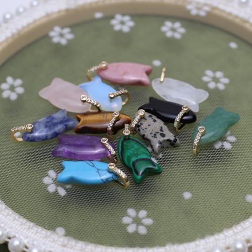LE SKY Natural Stone Pendants Healing Crystal Gemstones with Rhinestone Charms for jewelry Making Necklace DIY Craft Gift - color: fish