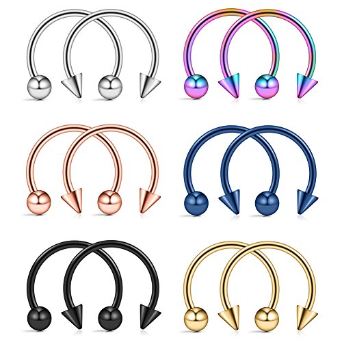 Ruifan 316L Surgical Steel CBR Horseshoe Circular Rings Nose Eyebrow Tragus Lip Ear Hoop Ring Piercing 20G 8MM 10MM 12-24PCS - style: 12PCS - 20G 5/16" w Balls & Spikes