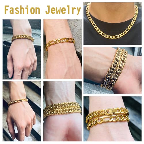 3PCS Figaro Necklace Bracelet Cuban Bracelet, Silver Gold Black Sturdy 316L Stainless Steel Cuban Link Figaro Chain for Men Jewelry Set with Gift Message Card 8mm, 7/8/9 Inches - color: Gold, size: Bracelet width:7 inches