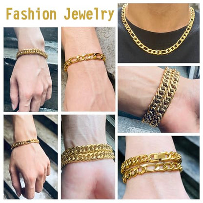 3PCS Figaro Necklace Bracelet Cuban Bracelet, Silver Gold Black Sturdy 316L Stainless Steel Cuban Link Figaro Chain for Men Jewelry Set with Gift Message Card 8mm, 7/8/9 Inches - color: Gold, size: Bracelet width:7 inches