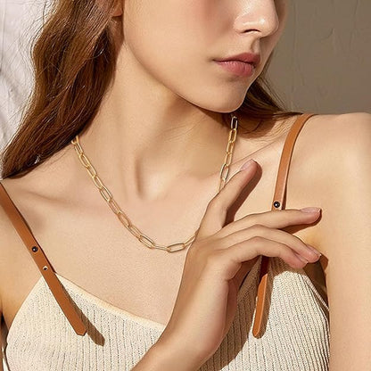 Stainless Steel Dainty Paperclip Link Chain Necklace for Women - color: Gold