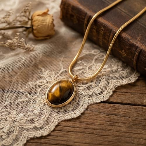 Sonateomber Gold Stone Pendant Necklace for Women, Chunky Statement Dainty Heart Oval Natural Gemstone Dangle Necklaces Wedding Prom Accessories Fashion Jewelry Gift - color: Brown Tiger Eye