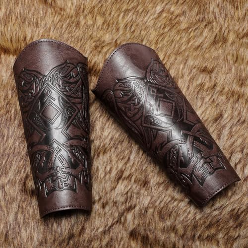 Medieval Leather Bracers Dragon Embossed Viking Leather Bracers Leather Arm Armer Cuff Leather Gauntlet Costumes Accessories - style: Viking Angle Wings Leather Bracers-dark Brown