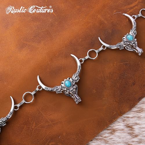 Montana West Rustic Couture's Turquoise Western Concho Chain Belt for Women | Large Western Cowgirl Metal Adjustable Boho Body Chain Belt for Dresses Jeans Country Concert - color: Lagoon Glass Turquoise