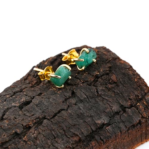 YASHEE Emerald Crystals Stud Earring, Raw Stone, Chakra Energy Healing Gemstone, Real Crystal, May Birthstone, Women & Girls Push Back Earrings, Gold Plated Christmas Gift Jewelry