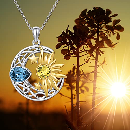 AOBOCO 925 Sterling Silver Moon Sun Star Necklace Celtic Jewelry for Women Girls - color: Silver&Gold