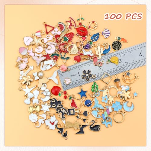 JIALEEY 100PCS Gold Plated Enamel Charms Mixed Moon Star Fruit Animal Charm Colorful Pendant DIY for Necklace Bracelet Jewelry Making and Crafting