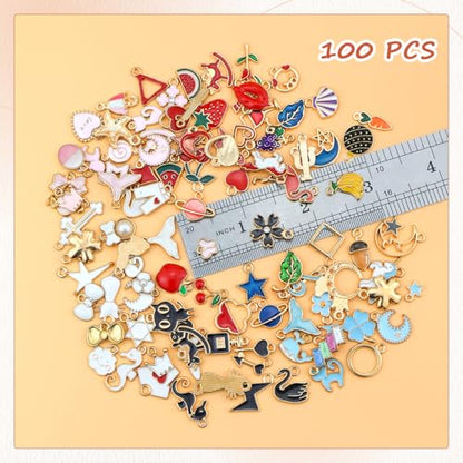 JIALEEY 100PCS Gold Plated Enamel Charms Mixed Moon Star Fruit Animal Charm Colorful Pendant DIY for Necklace Bracelet Jewelry Making and Crafting