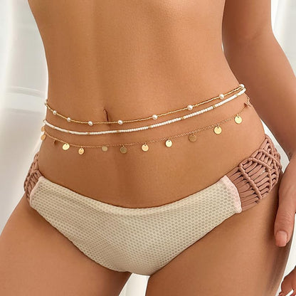 14K Gold Plated Belly Chain Layered Adjustable Waterproof Sparkling Sequin Body Chain Sparkling beads Sexy Bikini Waist Chain With Scalable Elastic Rope - Aqua Brown Golden - color: 3 Layers Golden