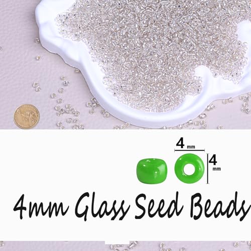 Legefo 4mm Glass Seed Beads Bulk, Clear Silver White 6/0 Small Mini Pony Seed Beads, Tiny Round Craft Bead for Bracelet Necklace Wrist Jewelry Making Beading Weaving DIY Crafts Supplies, 1000pcs - color: CLear Silver White