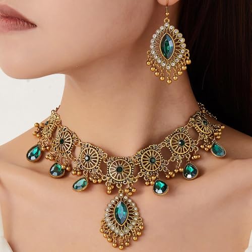 Frodete Indian Jewelry Sets for Women Traditional Bohemian Wedding Jewelry Set Indian Dresses for Women Oxidized Ethnic Party Prom Wear - color: D5:GOLD GREEN