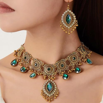 Frodete Indian Jewelry Sets for Women Traditional Bohemian Wedding Jewelry Set Indian Dresses for Women Oxidized Ethnic Party Prom Wear - color: D5:GOLD GREEN