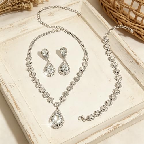 Silver Plated Necklace Earrings Bracelet Crystal Bridal Wedding Jewelry Sets for Wedding princess birthday party Halloween Prom Pageant Jewelry - color: 1-white
