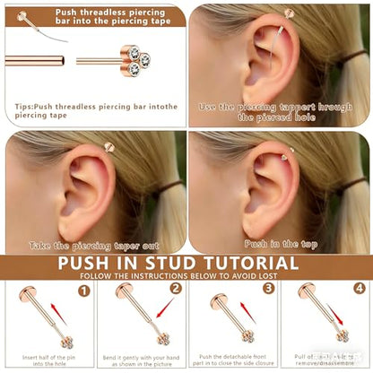 15Pcs 20G/18G/16G Flat Back Push in Stud Earrings 316L Surgical Stainless Threadless nose rings Medusa Piercing Jewelry Hypoallergenic Labret Studs Lip Rings ring for Women Men Be Equipped With Ball Grabber Tool - color: Rose Gold, size: 20G(0.8MM)