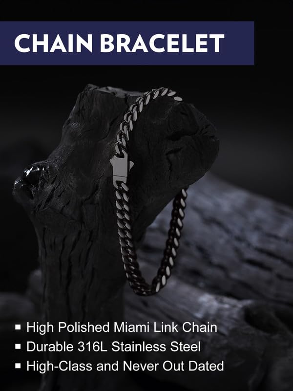 Bandmax Mens Hip Hop Cuban Link Bracelets 5/7/9/12MM Stainless Steel Miami Curb Chain Bracelet Silver/Gold Plated/Black Wristlet Chains for Men 7"-9" - color: 02 5MM-Black