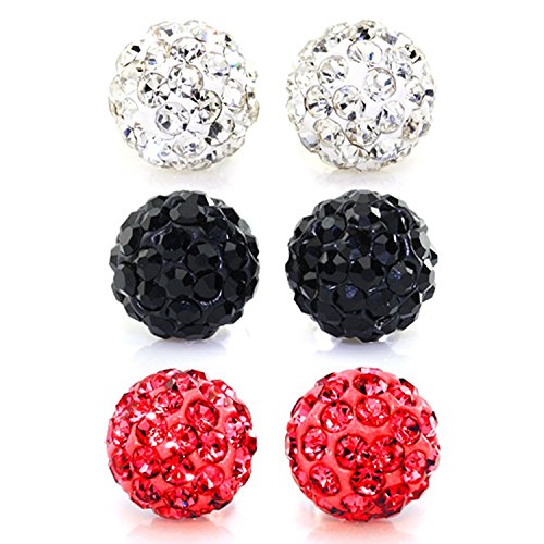 JewelrieShop Rhinestones Crystal Ball Stud Earrings Set Fireball Disco Ball Pave Bead Earrings Hypoallergenic for Women - color: Set F. 6mm x 3 Pairs (White, Jet Black, Siam Red)