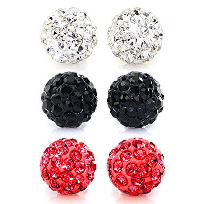 JewelrieShop Rhinestones Crystal Ball Stud Earrings Set Fireball Disco Ball Pave Bead Earrings Hypoallergenic for Women - color: Set F. 6mm x 3 Pairs (White, Jet Black, Siam Red)
