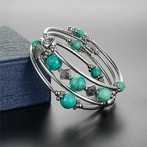 Beaded Pearl Bangle Wrap Bracelet - Fashion Bohemian Jewelry Multilayer Charm Bracelet with Thick Silver Metal Beads, Gift For Women - color: Turquoise