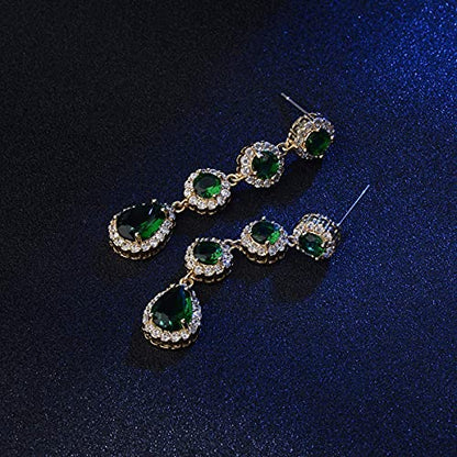 Women's Cubic Zirconia Bridal Earrings - Elegant Long Wedding Party Prom Earring for Bride Bridesmaids Crystal CZ Rhinestone Chandelier Statement Dangle Drop Earrings for girls - color: Green-gold