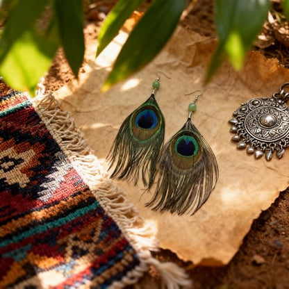 Feather Earrings for Women, Sterling Silver Hook Boho Style Peacock Long Feather Jewelry - color: Peacock Feather-1