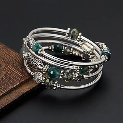 FULU AUTUMN Stackable Beaded Bracelets for Women Boho Wrap Silver Bracelet Layered Fashion Jewelry Gifts for Her - color: Green