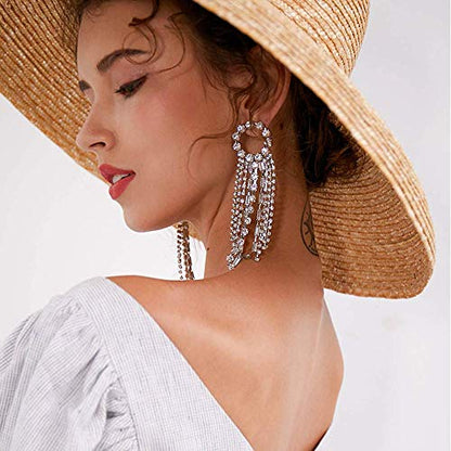 Fashion Women Earrings Silver Tassel Full Rhinestones Ring Long Chain Drop Dangle Earrings Jewelry for Women