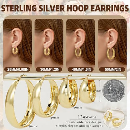 Senteria 12mm Wide Thick Sterling Silver Hoop Earrings Hypoallergenic | 14K Real Gold Plated Hoops Large Earring Lightweight Chunky Hoops Earring for Women Gift for Birthday Christmas 25/30/40/50MM - color: Gold-30mm