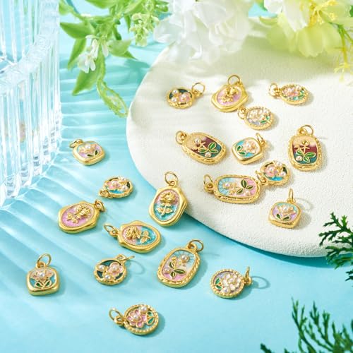 20Pcs Alloy Enamel Flower Golden Charms Flat Round Oval Floral with Acrylic Pearl Bead Charms 3D French Style Oil Painting Pendants for Bracelet Necklace Earring DIY Crafts - color: Golden Plated, 10 Styles
