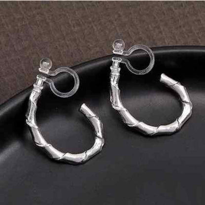 Hoop Invisible Clip On Earrings for Women Not Pierced Gold Small Twisted Hoop Comfortable Silver Large Clip On Earrings - color: Bamboo Hoop Silver