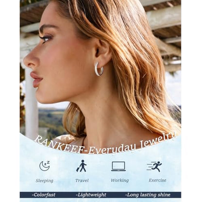 RANKEEF Small Rhinestone Hoop Earrings 925 Silver Everyday Cartilage Hoops Hypoallergenic Dainty 14K Gold Plated Huggie Sparkle Double Row Cubic Zirconia Hoop Earrings 10/15/20/25mm - color: Silver, size: 20mm