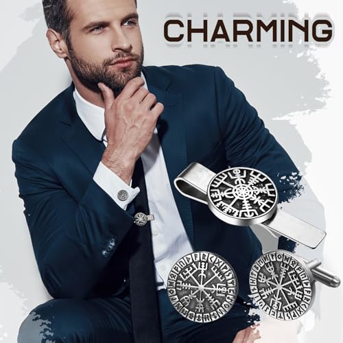 Mens Viking Cufflinks and Tie Clip: Norse Viking Tuxedo Shirt Cuff Links and Cool Tie Clip Shirt Accessories for Business Valentines Christmas Birthday - style: Viking Compass Cufflink and Tie Clip