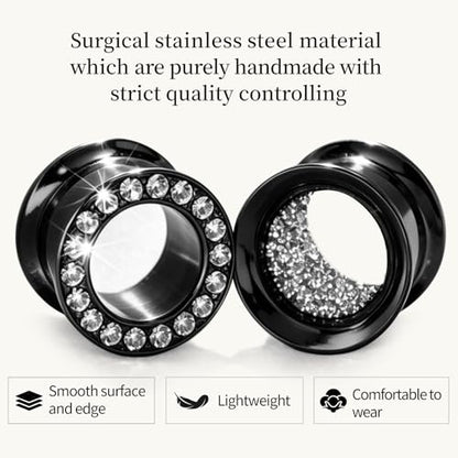 WBRWP Unisex Women 6pcs/8pcs-3pairs/4pairs Hollow Zircon Stainless Steel Screw Ear Plugs Tunnels with ZirconEar Plugs Tunnels - Ear Expander - Ear Gauges Stretcher Body Piercing 8g-5/8 - color: 4pc Black-2 with inside shining+2 with cz