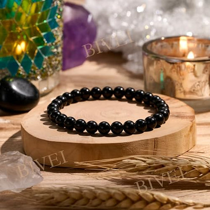 Bivei 6mm Beaded Bracelets for Women Handmade Semi Precious Natural Stone Stretch Elastic Jewelry Yoga Protection Gifts - color: Black Obsidian - Strength, size: Small 6.5-6.7 inch
