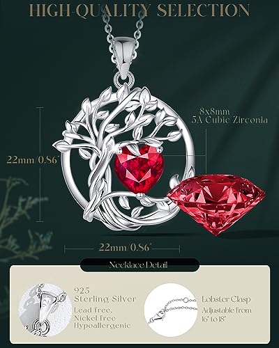 FANCIME Tree of life Birthstone necklace Sterling Silver Pendant Birthstone Necklace Gemstone Anniversary Birthday Jewelry Mothers Day Gifts for Mom Her Wife - color: Jul.-Ruby