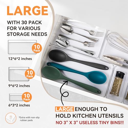 30 Pack Large Clear Plastic Drawer Organizer Bins - Acrylic Kitchen Drawer Organization and Storage Dividers for Utensils Gadgets, Office Bathroom and Vanity Organizer for Makeup Accessoires - size: 30 Pack
