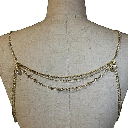 Rhinestone Tassel Shoulder Chain Necklace,Multi-Layered Rhinestone Shoulder Arm Chain Sexy Rave Crystal Fringe Back Chain Bridal Wedding Shoulder Body Jewelry for Women - color: Shoulder jewelry& gold
