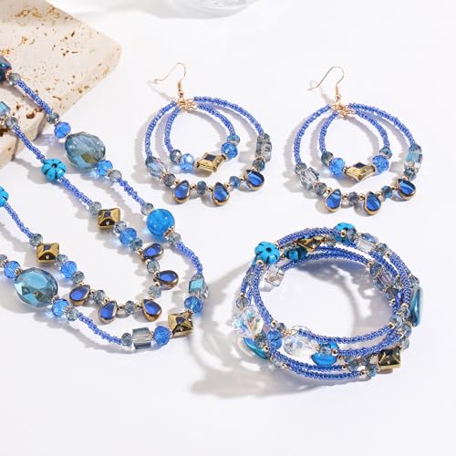 Bocar Bohemian Handmade Beaded Jewelry Set for Women 3 Pcs Layered Necklace Hoop Earrings Wrap Bracelet Set Boho Summer Vacation Jewelry Gift (NK-10834) - color: Blue