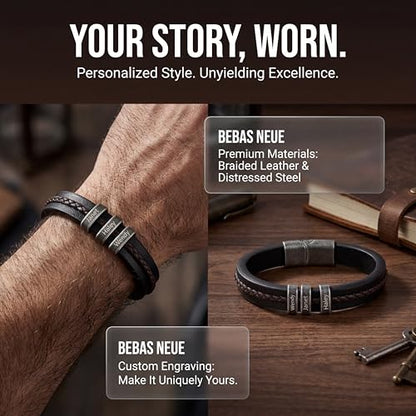 Personalized Bracelet for Men, Engraved Name Bead Braided Leather Bracelet for Dad Husband Grandpa Son, Custom Stainless Steel Men's Bracelet - color: 3 names