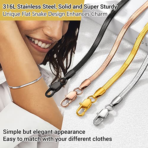 PROSTEEL 316L Stainless Steel Herringbone Flat Chain Bracelets/Anklets, Beautiful Summer Jewelry, Black/Yellow Gold/Rose Gold Plated, 6.3inch/8.5inch Adjustable, Come Box - color: Gold