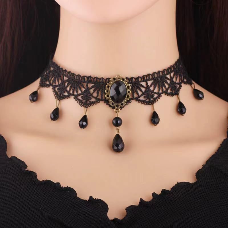CSIYANJRY99 Gothic Choker Necklace for Women Halloween Red Crystal Vampire Choker Steampunk Lace Choker Witch Costume Accessories - style: Crystal tassel
