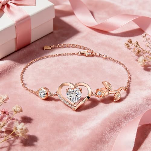 1CT Rose Heart Birthstone Bracelet for Women Love Gift - style: 04-April Moissanite Rose Gold