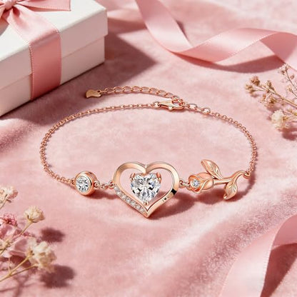 1CT Rose Heart Birthstone Bracelet for Women Love Gift - style: 04-April Moissanite Rose Gold