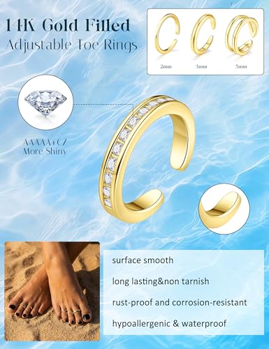 Giovanchi 16Pcs Toe Rings for Women - 14K Gold Filled Non Tarnish | Waterproof Adjustable, Gold Silver Toe Ring, Flower Cz Open Toe Rings Set Foot Jewelry Gifts - color: Gold