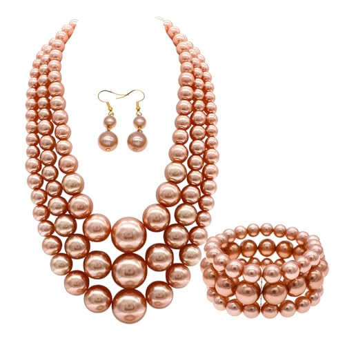 We We Imitation Pearl Necklace for Women Large Chunky Pearl Necklaces Multilayer Pearl Necklace and Earring 1920s Costume Jewelry set - color: champagne pearl necklace set
