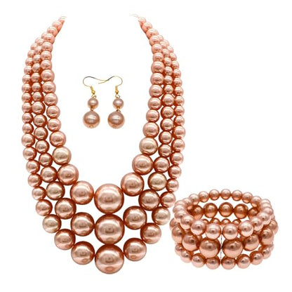 We We Imitation Pearl Necklace for Women Large Chunky Pearl Necklaces Multilayer Pearl Necklace and Earring 1920s Costume Jewelry set - color: champagne pearl necklace set