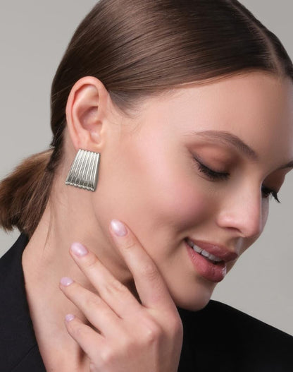 Gold Chunky Statement Earrings for Women, Trendy 14K Gold Plated Square Geometric Vintage Drop Dangle Designer Stud Earrings, Jewelry Gift - style: ribbed-silver