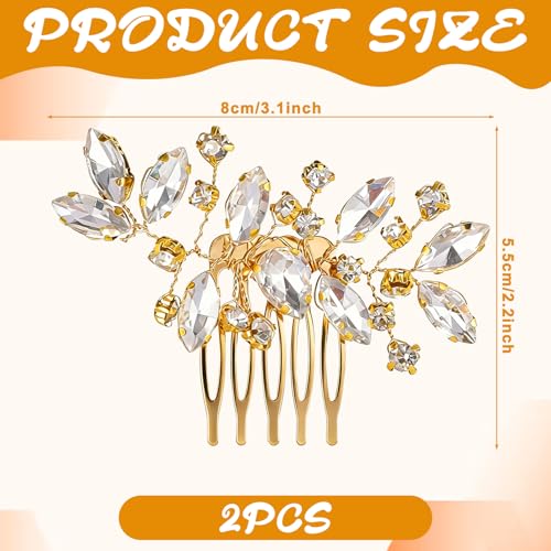 2 Pcs Bridal Hair Comb Gold Hair Piece Accessory Gold Rhinestone Hairs Accessories Golden Hairs Piece Sparkle Metal Crystal Accessories for Bride Bridesmaids Women Girls