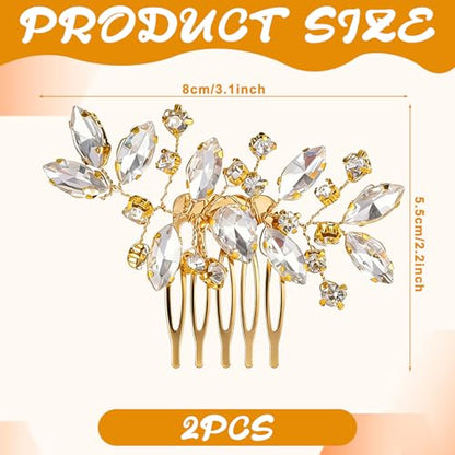 2 Pcs Bridal Hair Comb Gold Hair Piece Accessory Gold Rhinestone Hairs Accessories Golden Hairs Piece Sparkle Metal Crystal Accessories for Bride Bridesmaids Women Girls