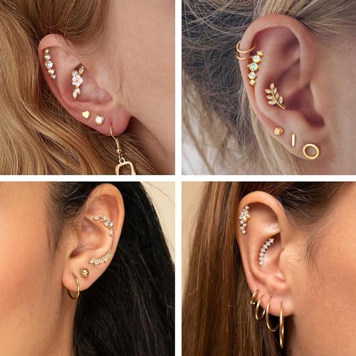 8Pcs Stainless Steel 16G Conch Piercing Jewelry Helix Cartilage Earrings | Flower Opal CZ Stud Earrings Set with Flat Back for Women, 18K Gold Plated, Silver, Rose Gold - color: Gold